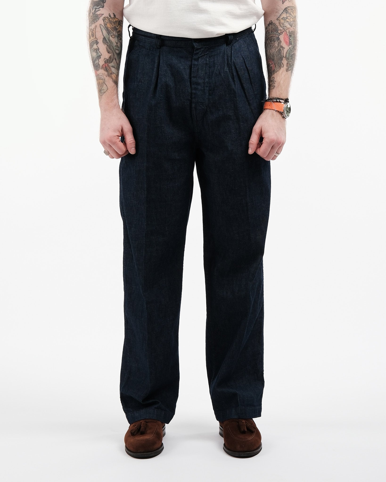 orSlow | TWO TUCK WIDE DENIM WIDE TROUSERS ONE YEAR WASH | Meadow