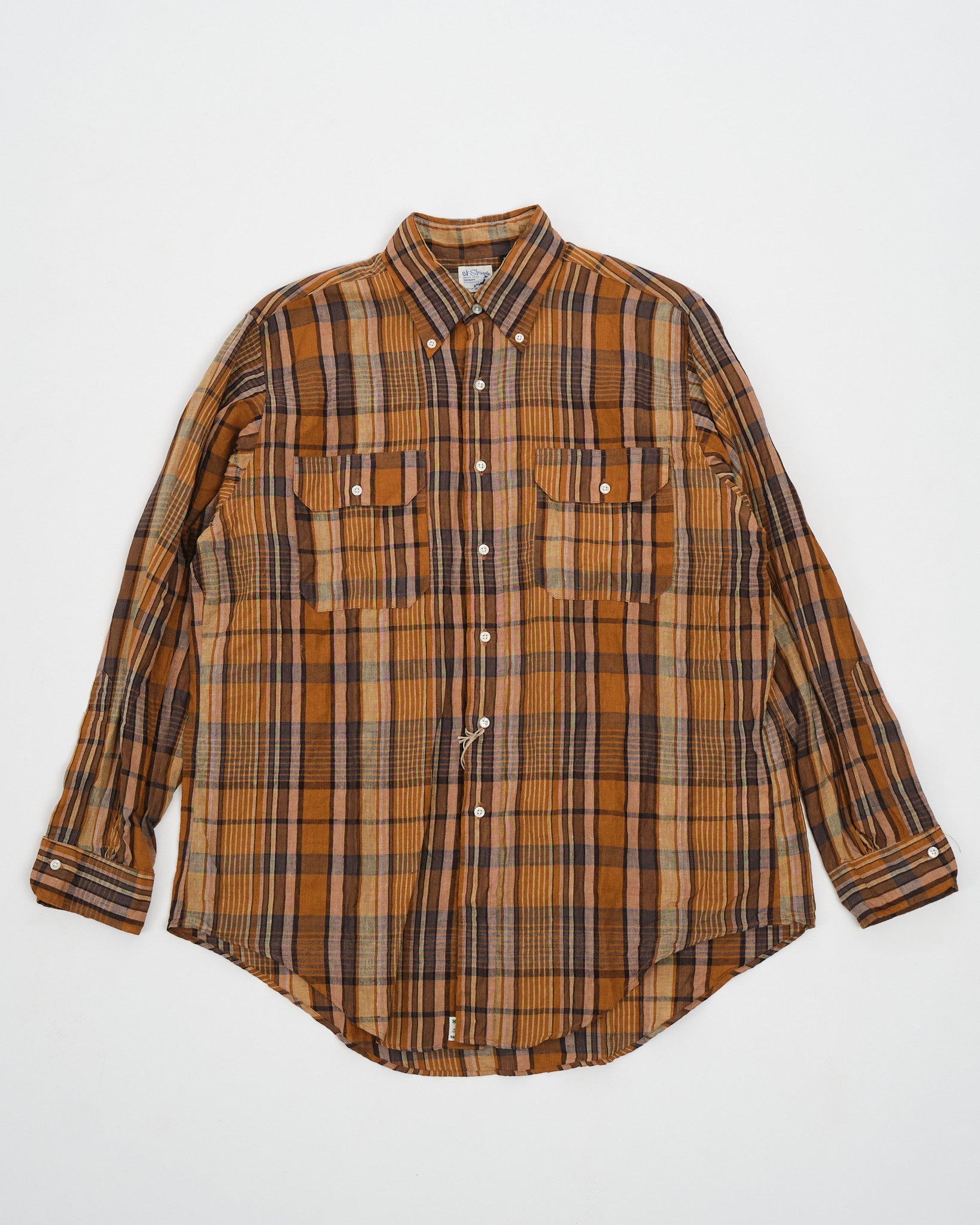 LINEN BUTTON DOWN SAFARI SHIRT ORANGE CHECK - Meadow