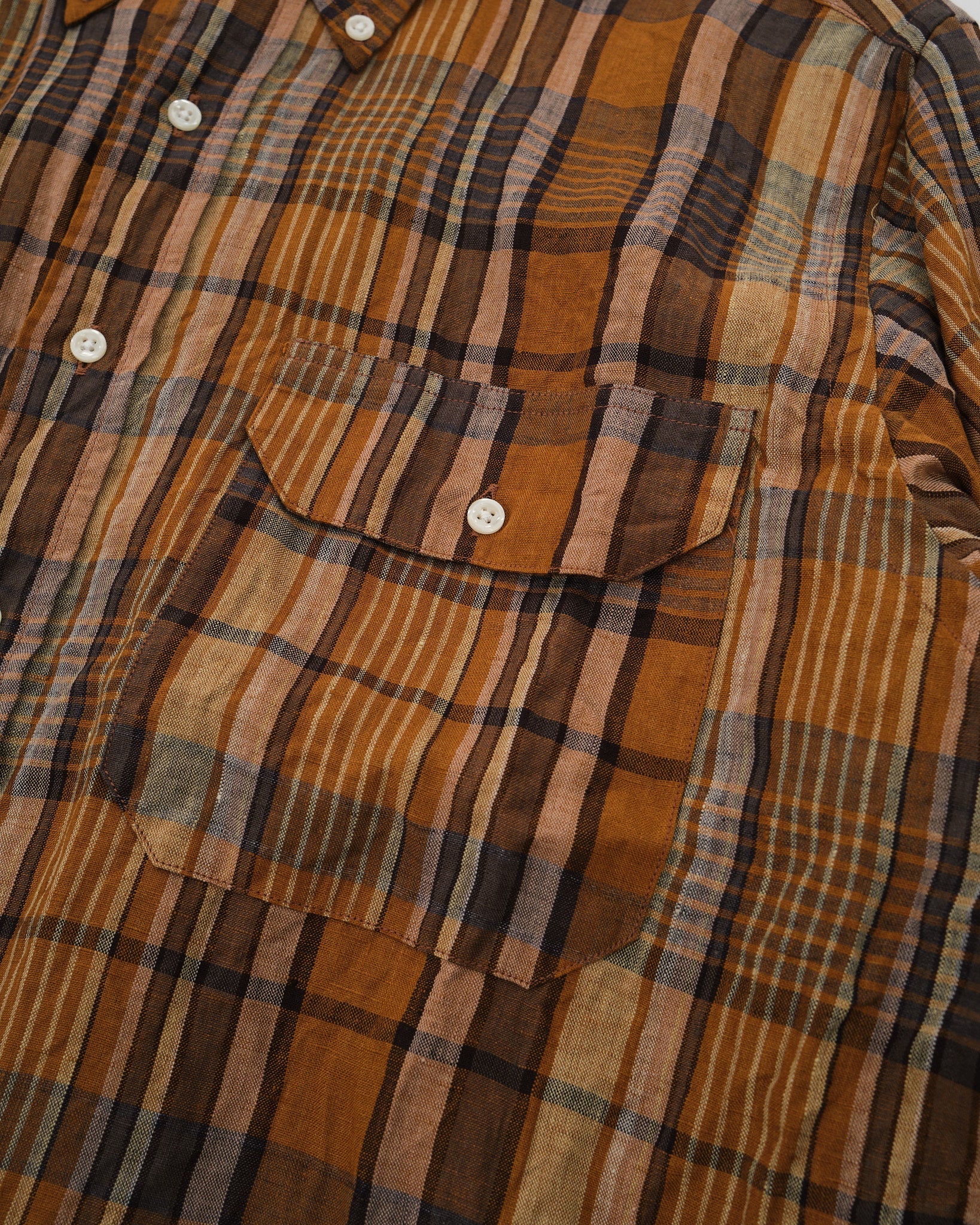 LINEN BUTTON DOWN SAFARI SHIRT ORANGE CHECK - Meadow